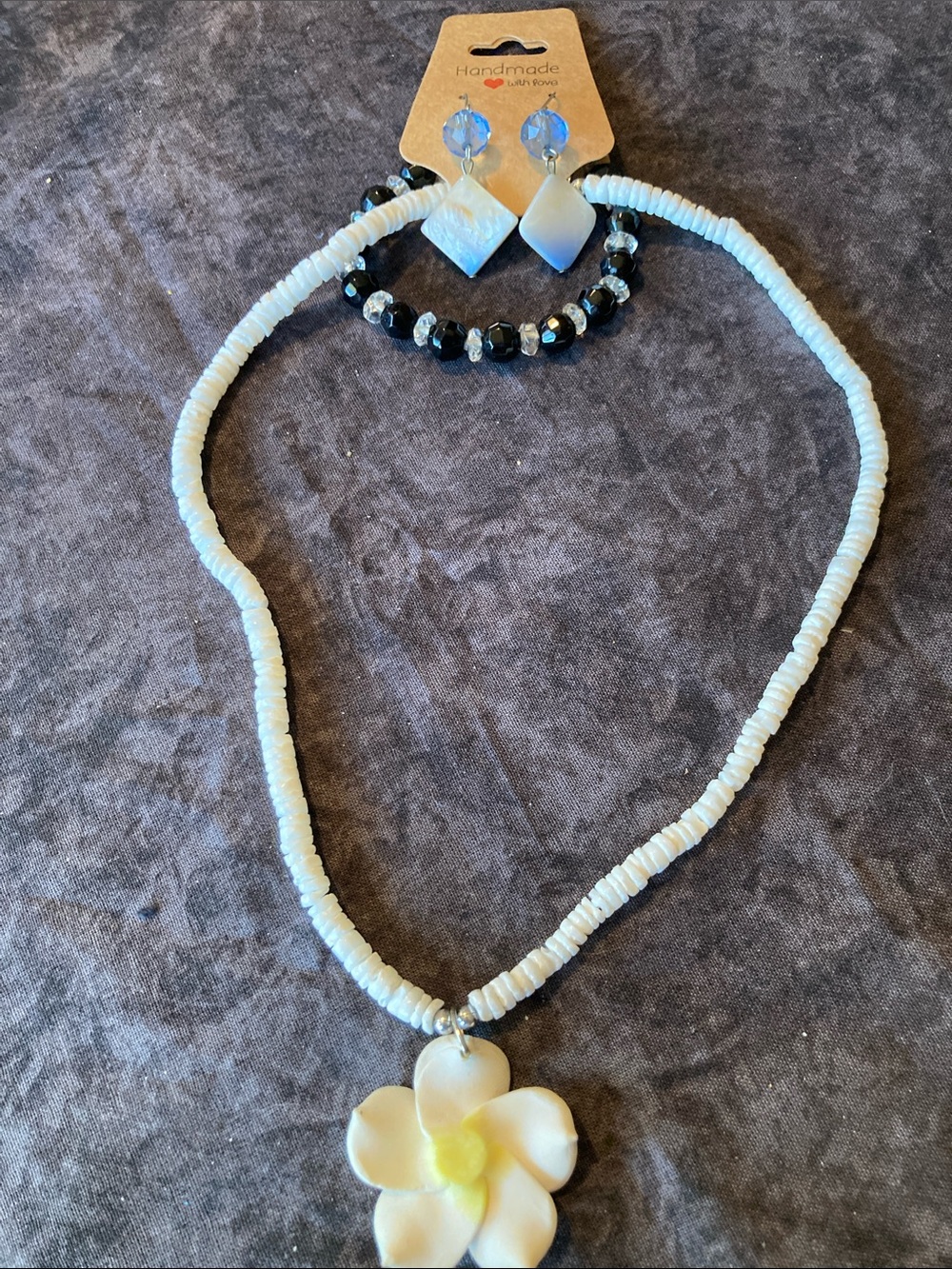 Handmade White Flower Necklace with Earrings and Bracelet Boho Style
